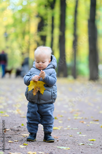 Baby boy with yellow autumn maple leaf