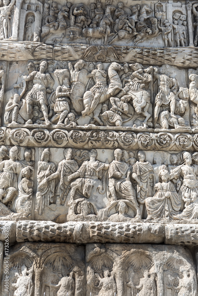 Details of Arch of Galerius in Thessaloniki, Greece depicting philosophers of antique Greece