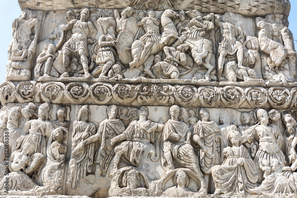 Details of Arch of Galerius in Thessaloniki, Greece depicting philosophers of antique Greece