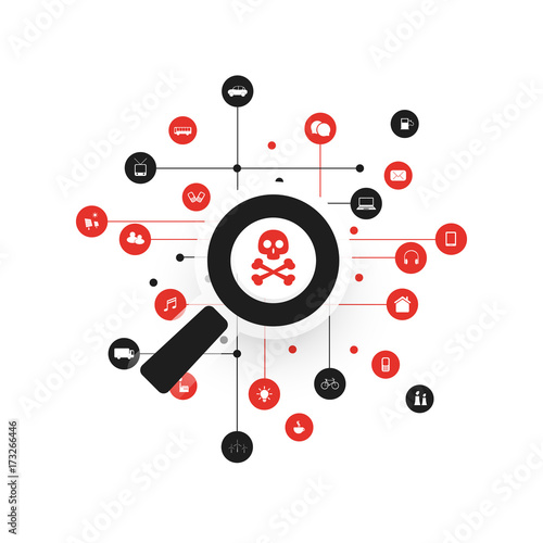 Security Audit, Virus Scanning, Cleaning, Eliminating Malware, Ransomware, Fraud, Spam, Phishing, Email Scam, Hacker Attack Effects and Damage - IT Security Concept Design, Vector illustration