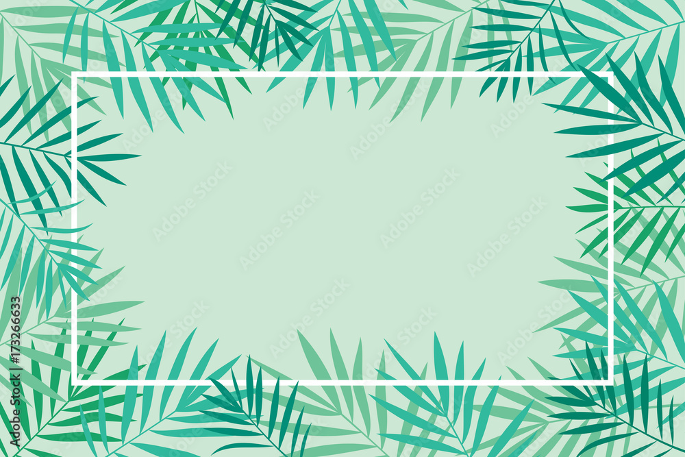 Tropical palm leaves background with frame. Banner, poster, invitation, brochure, flyer, card or cover template