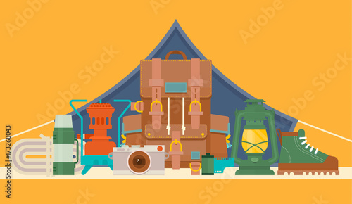 Tourists equipment and travel accessories vector set. Forest camping and hiking flat elements. Equipment for hiking outdoor adventure, camp and backpack illustration