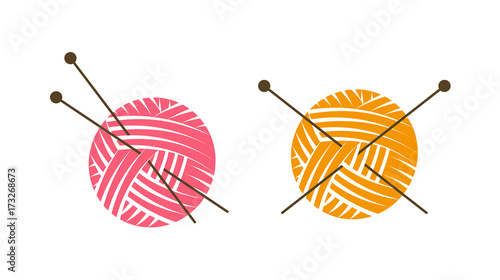 Knit logo or label. Ball of yarn with knitting needles. Vector illustration