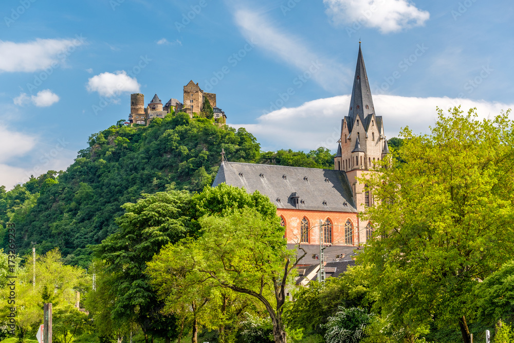Schonburg Castle and Church of Our Lady at Rhine Valley near Oberwesel, Germany.