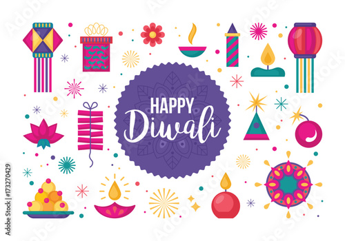 Diwali Hindu festival flat modern elements set