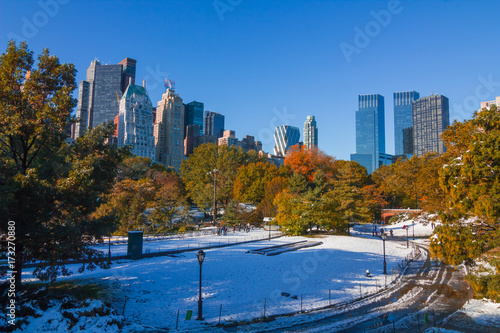 Fall Snow on Central Park, New York City.