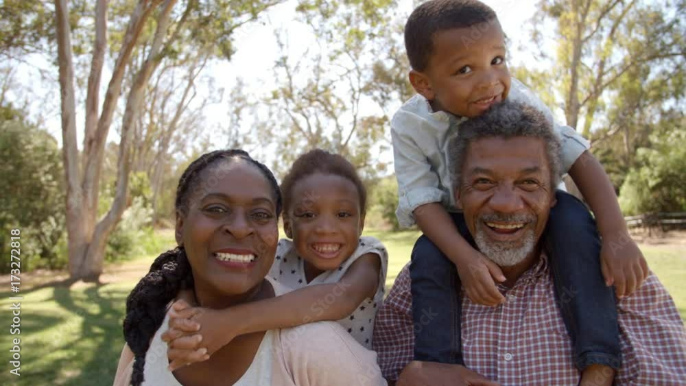 Mixed race grandparents piggyback with grandchildren in park Mixed race grandparents piggyback with grandchildren in park