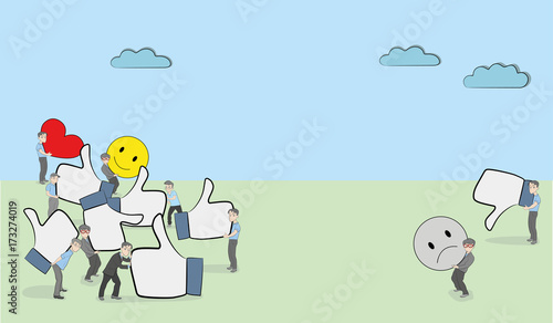 Sketch of little people with like and dislike signs. Doodle cute miniature scene of workers. Hand drawn cartoon vector illustration for business and web design.