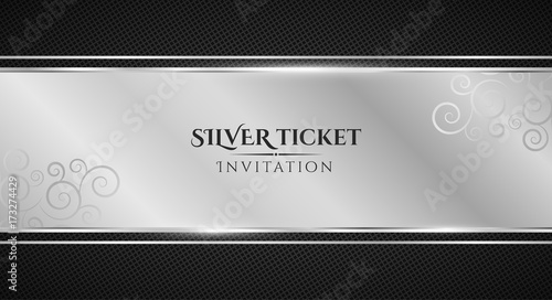 Silver ticket. Luxurious invitation. Silver ribbon banner on a black background with a pattern of mesh. Realistic silver strip with an inscription. VIP invitation. Vector