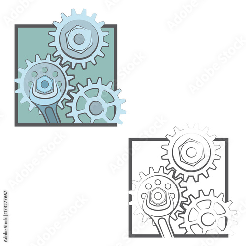 
an illustration consisting of two images of gears with a wrench in the form of a symbol
