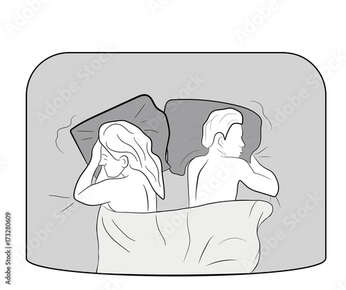 Upset young couple having marital problems or a disagreement lying side by side in bed facing in opposite directions ignoring one another. vector illustration
