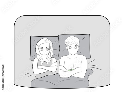 Upset young couple having marital problems or a disagreement lying side by side in bed. vector illustration