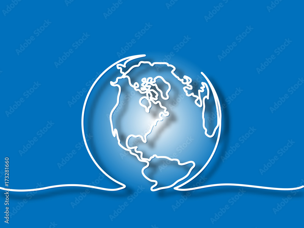 Obraz premium Continuous line drawing. Globe of the Earth. Map side of America. Vector illustration blue background