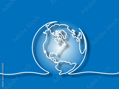 Continuous line drawing. Globe of the Earth. Map side of America. Vector illustration blue background