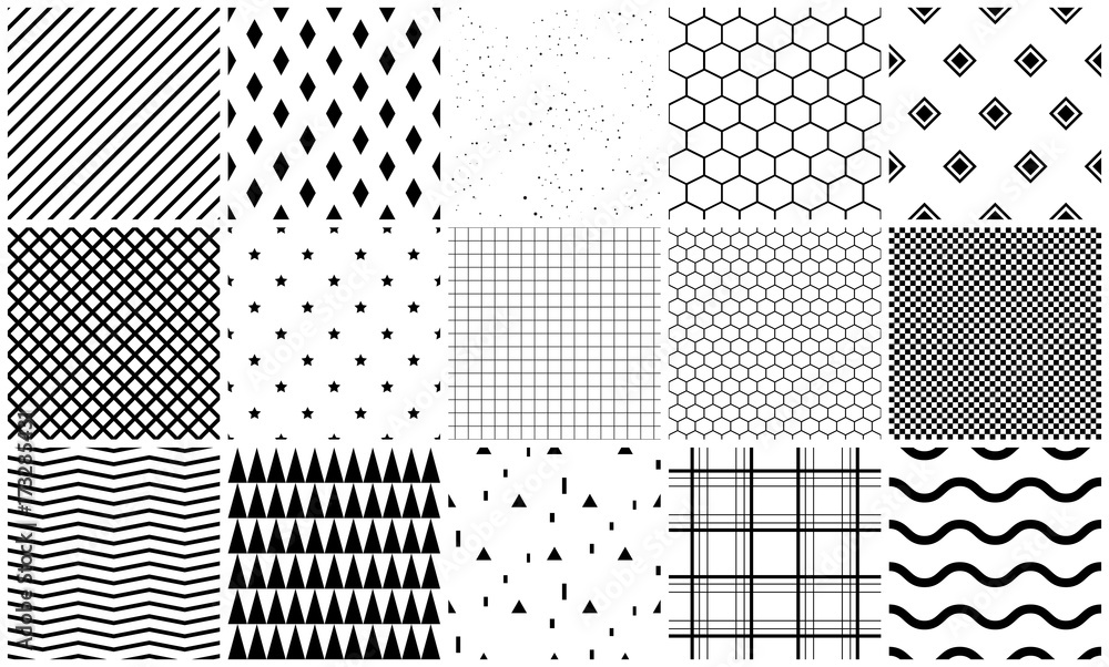 Seamless pattern vector set of geometric textures. Simple black and white shapes background templates.