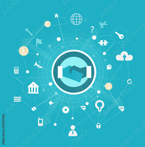 Business background made of many icons and symbols with the hands shaking symbol in the middle. Busy and competitive modern life concept illustration