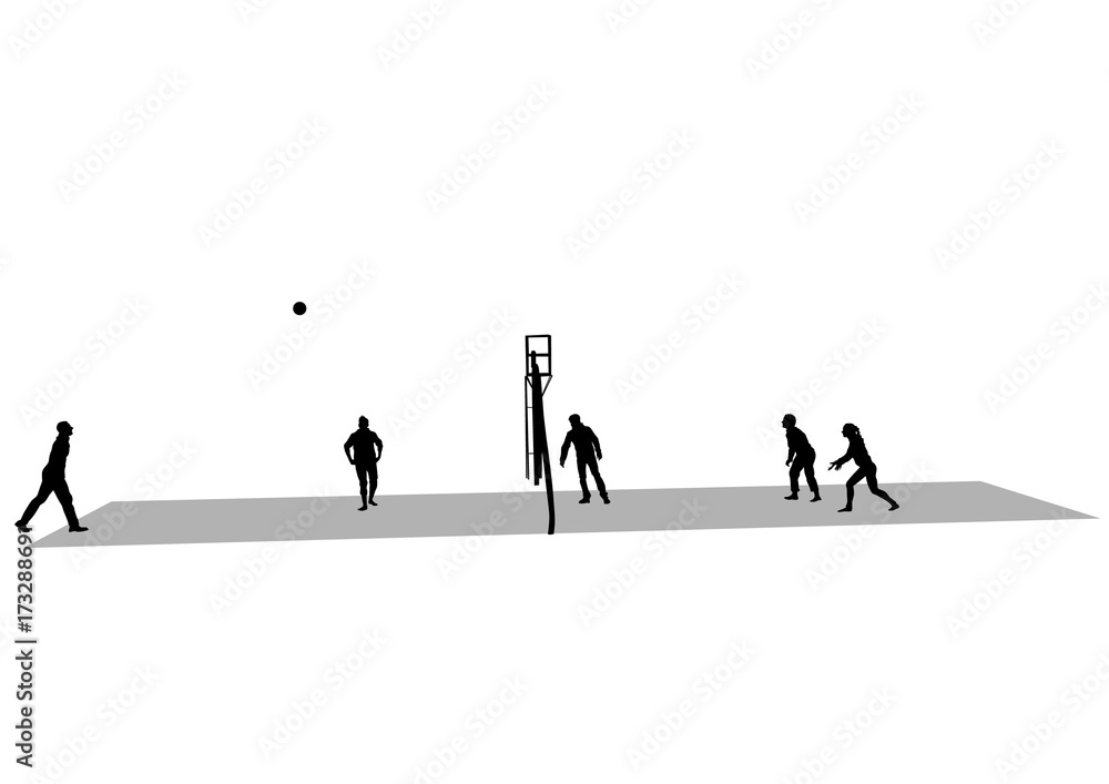Fototapeta Athletes playing volleyball on a white background