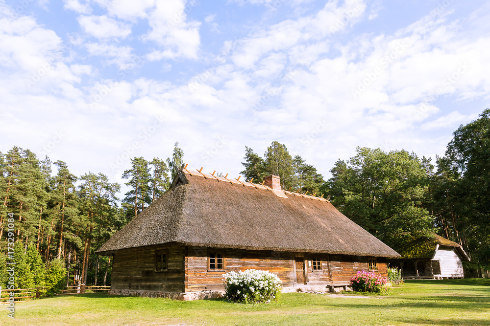 wooden, house, sky, blue, clouds, village, farm, beautiful, landscape,summer, heat, sunny, Latvia, museum, in the open air, ethnographic, Baltics, North, country, Latvian, retro,