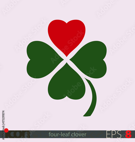 Four leaf clover with a heart leaf, symbol of luck in love or luck and love. Vector icon on isolated background. No. 1 variant.