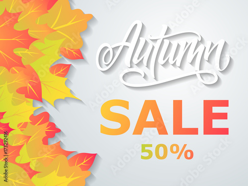 Autumn sale flyer on a background of leaves. Handmade vector lettering.
