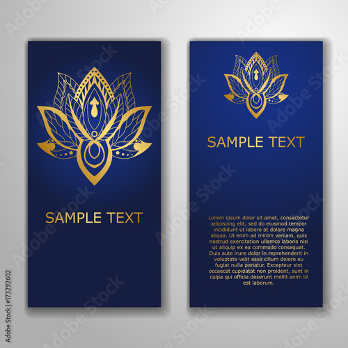Cards template for yoga studio with golden lotuses. Yoga vertical vector banner. Business card template for yoga retreat, can be used for Hinduism religious organization.