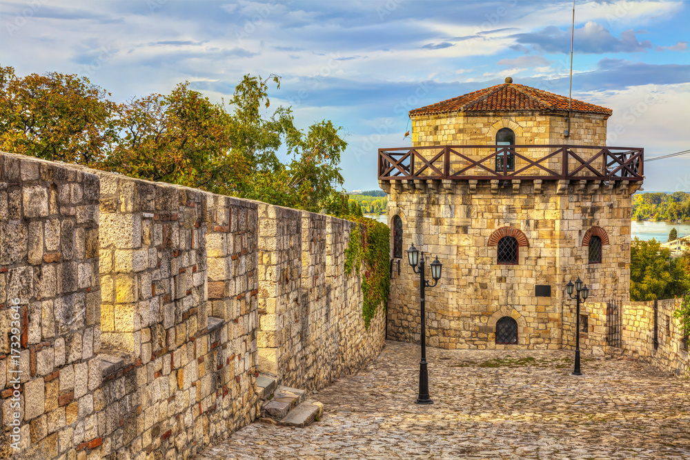 The old tower on the Kalemegdan fortress and the mouth of the Sava River in the Danube in the distance, HDR image.