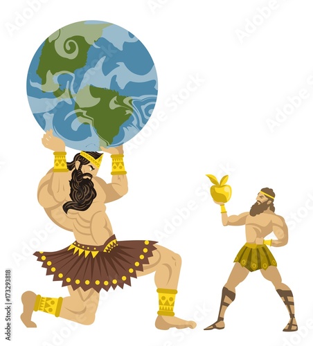 greek mythology titan atlas holding the globe and hercules hero stealing golden apple