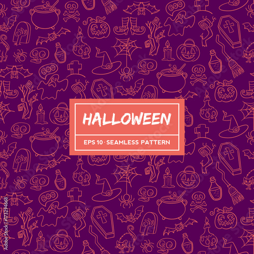 Hand drawn doodle elements of halloween celebration. Editable seamless pattern. Vector illustration.