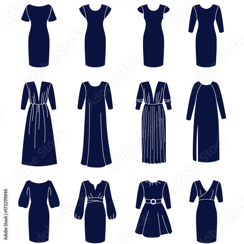 Different types of women dresses with sleeves as glyph icons