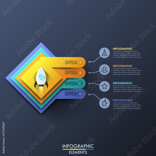 Infographic design template with 4 squared layers and space rocket take off