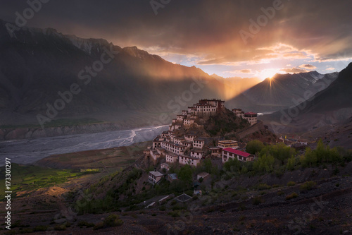 Tibetan Monastery in the Himalayas at sunset