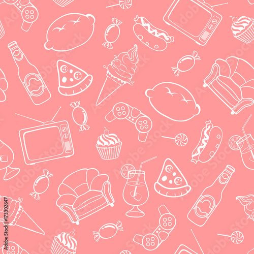 Seamless pattern of unhealthy lifestyle icons and elements. Vector background