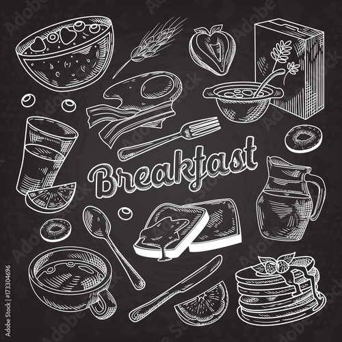 Healthy Breakfast Hand Drawn Doodle Blackboard. Food and Drink Sketch. Cornflakes Pancakes Juice and Fruits. Vector illustration