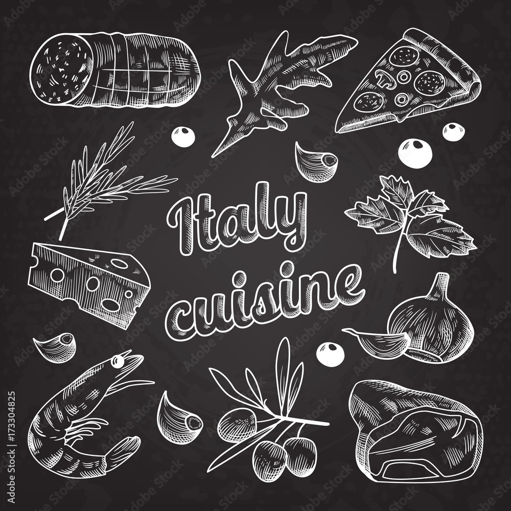 Italian Food Hand Drawn Doodle on Blackboard. Pizza Cheese Olives and Shrimps. Vector illustration