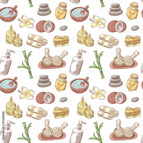 Spa Wellness Beauty Seamless Pattern. Aromatherapy Health Elements Background. Skin Treatment. Vector illustration