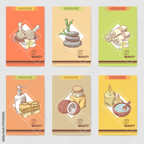 Spa Wellness Beauty Brochure Template. Aromatherapy Health Elements Cards. Skin Treatment. Vector illustration