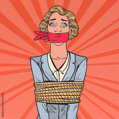 Pop Art Scared Businesswoman Tied Up with Rope. Business Problems. Vector illustration