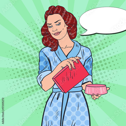 Pop Art Happy Woman Feeding Cat. Pet Care. Vector illustration