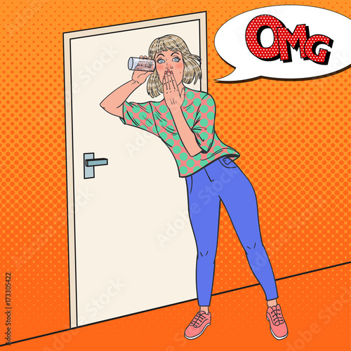 Pop Art Shocked Woman Listening Conversation with Glass. Girl Eavesdrops. Vector illustration