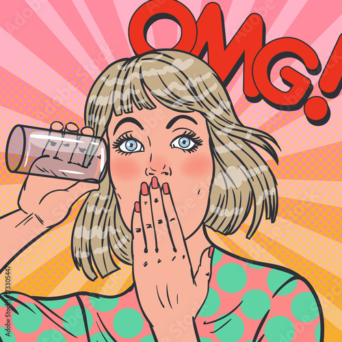 Pop Art Surprised Girl Listening Conversation with Glass. Woman Eavesdrops. Vector illustration