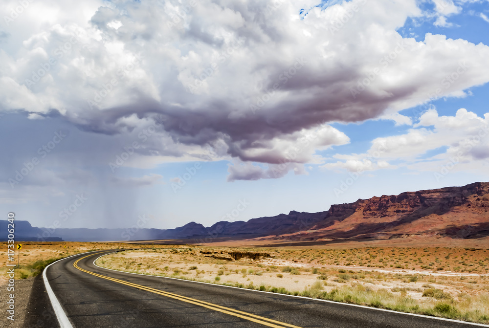 Summer rain on the road, Marble Canyon Hwy 89 between Bitter Springs and Page, panoramic view - Arizona, AZ, USA