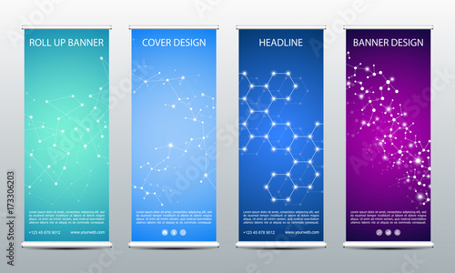 Abstract roll up banner for presentation and publication. Science, technology and business template. DNA structure background, vector illustration.