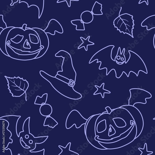 Seamless pattern doodle on the attributes of Halloween. Vector illustration.