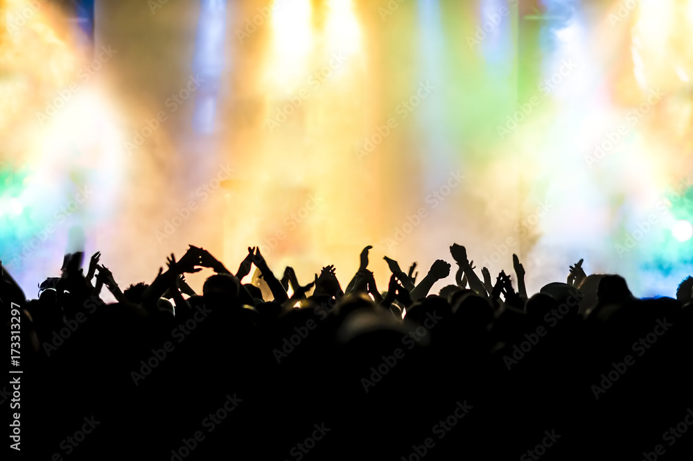 cheering crowd at rock concert in front of bright lights cheering crowd at rock concert in front of bright lights