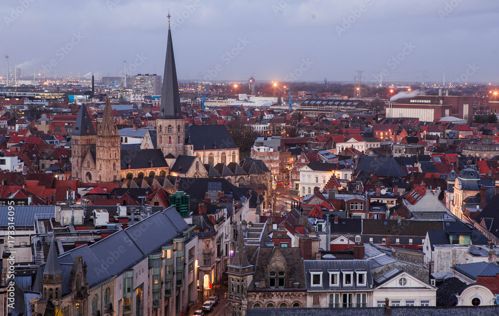 Naklejka premium The city of Ghent at sunset.