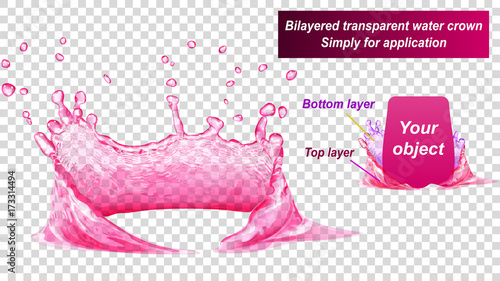 Transparent water crown consist of two layers: top and bottom. Splash of water in pink colors, isolated on transparent background. Transparency only in vector file