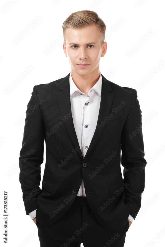 Young man in black suit on white background Young man in black suit on white background