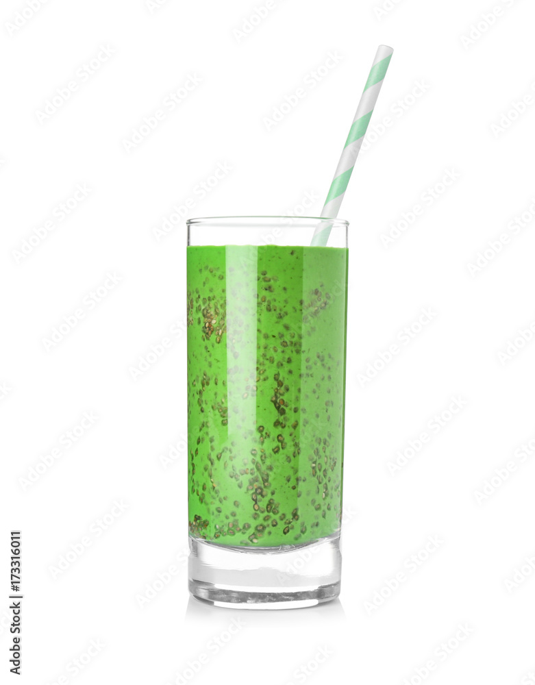 Glass of green smoothie with chia seeds, isolated on white Glass of green smoothie with chia seeds, isolated on white