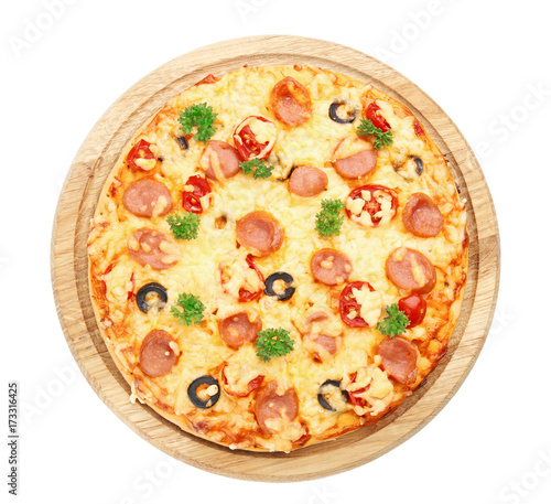 Tasty pizza with sausage on white background