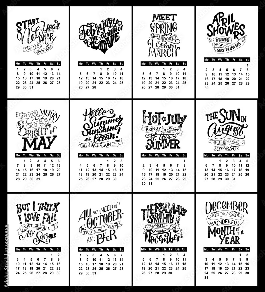 Vector calendar for months 2 0 1 8. Hand drawn lettering quotes for calendar design Stock Vector | Adobe Stock